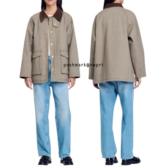 Sandro Bastille Plaid Quilted Barn Coat Field Zip Up Jacket 34 XS 0 Brown - Picture 15 of 16